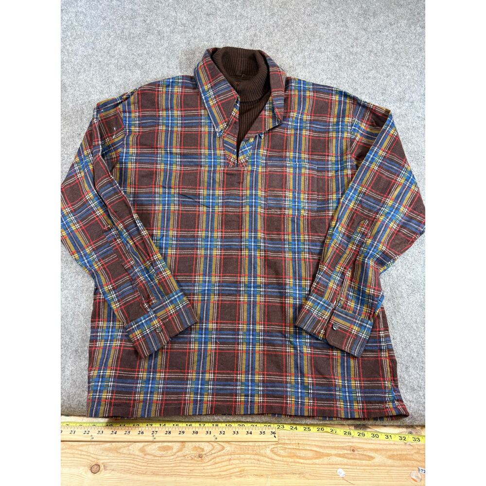 Vitg 80s David Harrison Flannel Shirt Mens 17-17.5 Brown Plaid Turtleneck Collar